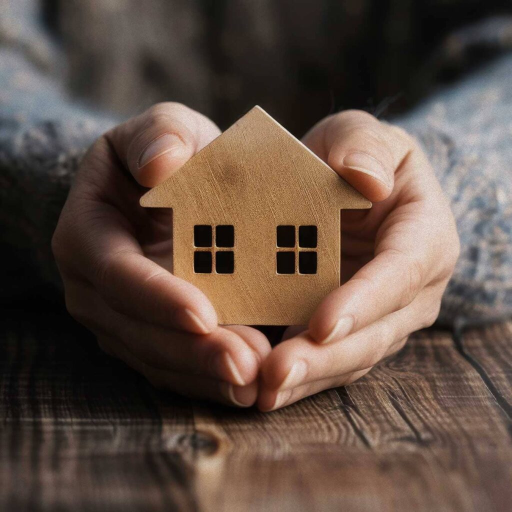 Hände halten behutsam ein kleines Holzhaus und symbolisieren die vertrauensvolle Betreuung, Vermittlung und Verwaltung von Wohnimmobilien durch einen engagierten Immobilienmakler.