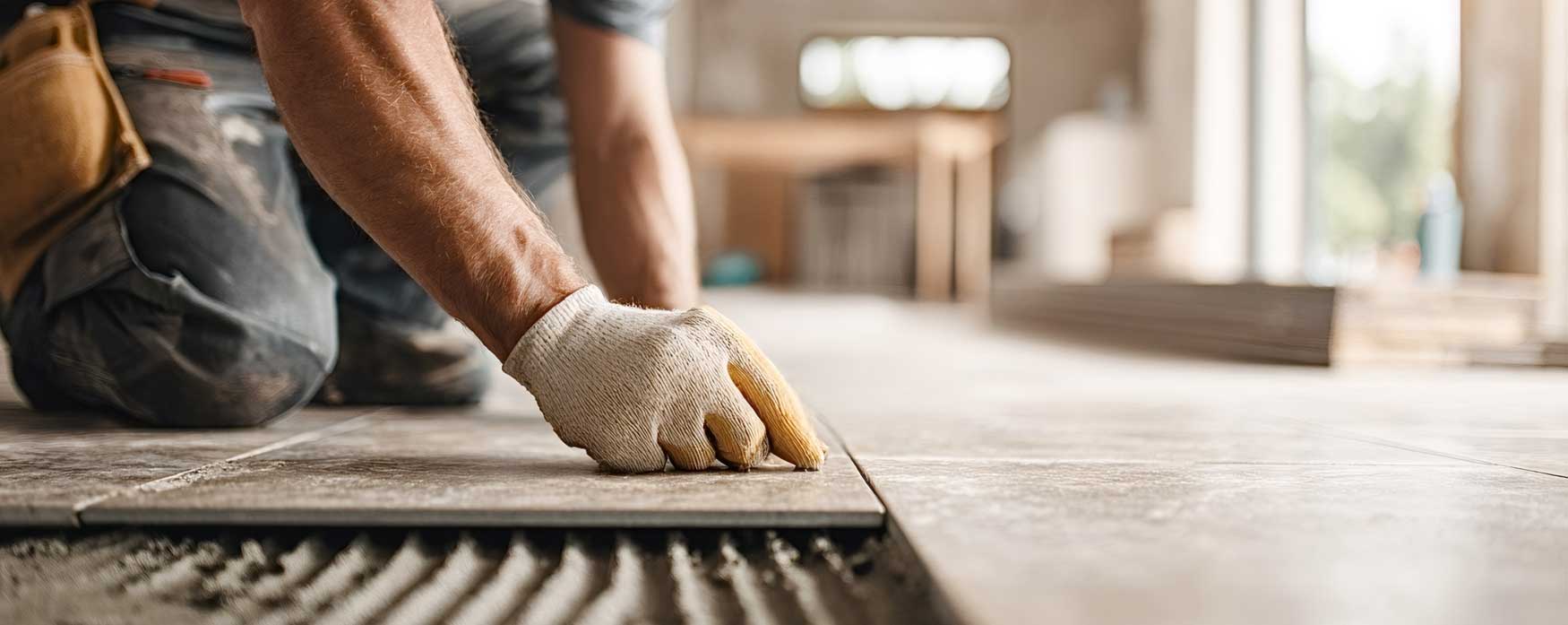 Handwerker verlegt präzise Bodenfliesen und steht für fachgerechte Instandhaltung, Renovierung und Werterhalt von Immobilien, organisiert durch eine professionelle Immobilienverwaltung.